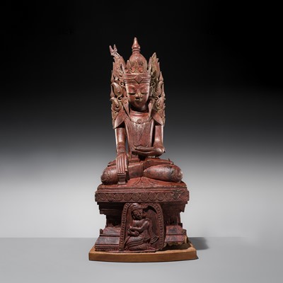 Lot 17 - A LARGE LACQUERED WOOD FIGURE OF JAMBUPATI BUDDHA, SHAN STATES