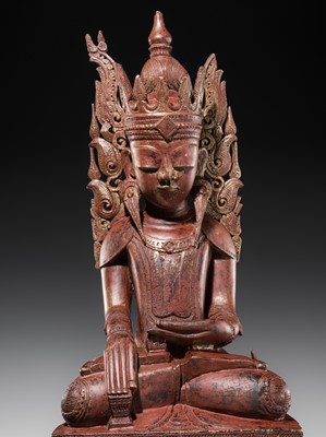 Lot 17 - A LARGE LACQUERED WOOD FIGURE OF JAMBUPATI BUDDHA, SHAN STATES