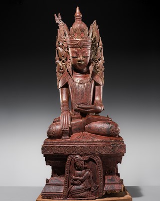 Lot 17 - A LARGE LACQUERED WOOD FIGURE OF JAMBUPATI BUDDHA, SHAN STATES