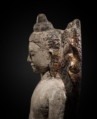 Lot 24 - A RARE SANDSTONE FIGURE OF BUDDHA MUCHALINDA, LOPBURI STYLE, 13TH CENTURY