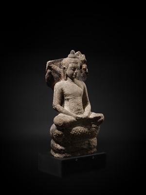 Lot 24 - A RARE SANDSTONE FIGURE OF BUDDHA MUCHALINDA, LOPBURI STYLE, 13TH CENTURY