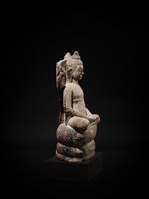 Lot 24 - A RARE SANDSTONE FIGURE OF BUDDHA MUCHALINDA, LOPBURI STYLE, 13TH CENTURY
