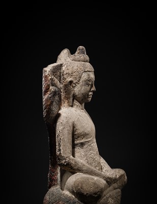 Lot 24 - A RARE SANDSTONE FIGURE OF BUDDHA MUCHALINDA, LOPBURI STYLE, 13TH CENTURY