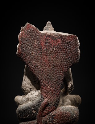 Lot 24 - A RARE SANDSTONE FIGURE OF BUDDHA MUCHALINDA, LOPBURI STYLE, 13TH CENTURY