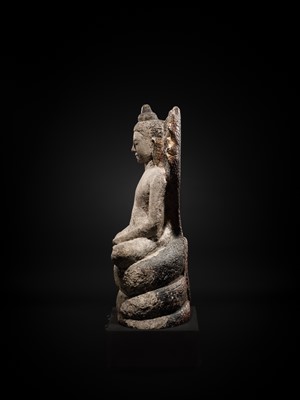 Lot 24 - A RARE SANDSTONE FIGURE OF BUDDHA MUCHALINDA, LOPBURI STYLE, 13TH CENTURY