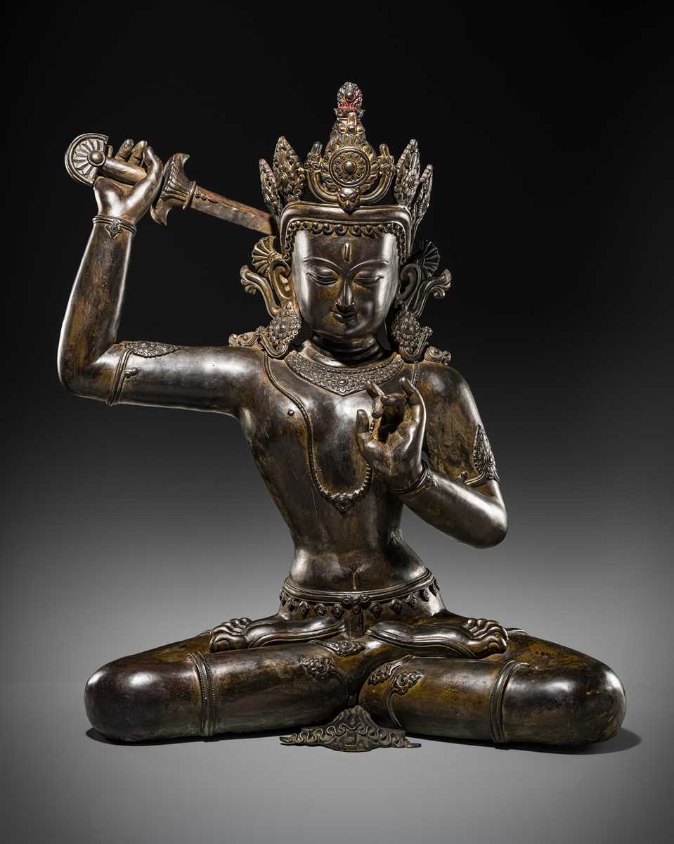 Lot 118 - A LARGE BRONZE FIGURE OF MANJUSHRI, NEPAL, 20TH CENTURY