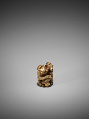 Lot 185 - MASATAMI: AN IVORY NETSUKE OF A MONKEY WITH YOUNG