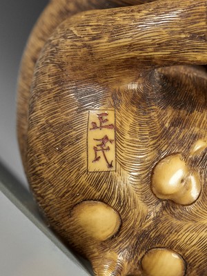 Lot 185 - MASATAMI: AN IVORY NETSUKE OF A MONKEY WITH YOUNG