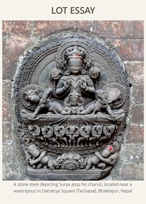 Lot 113 - A LARGE BRONZE TEMPLE LAMP DEPICTING SURYA ATOP HIS CHARIOT, NEPAL, 18TH CENTURY