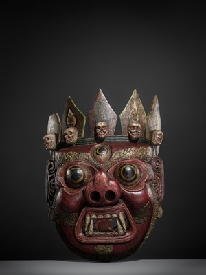 Lot 32 - A MONUMENTAL AND IMPRESSIVE POLYCHROME WOOD MASK OF MAHAKALA, TIBET, 19TH CENTURY