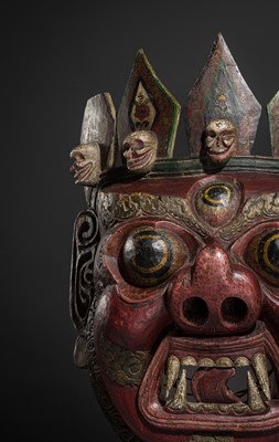 Lot 32 - A MONUMENTAL AND IMPRESSIVE POLYCHROME WOOD MASK OF MAHAKALA, TIBET, 19TH CENTURY