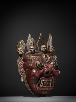 Lot 32 - A MONUMENTAL AND IMPRESSIVE POLYCHROME WOOD MASK OF MAHAKALA, TIBET, 19TH CENTURY