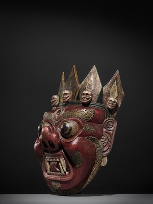 Lot 32 - A MONUMENTAL AND IMPRESSIVE POLYCHROME WOOD MASK OF MAHAKALA, TIBET, 19TH CENTURY