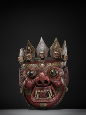 Lot 32 - A MONUMENTAL AND IMPRESSIVE POLYCHROME WOOD MASK OF MAHAKALA, TIBET, 19TH CENTURY