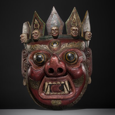 Lot 32 - A MONUMENTAL AND IMPRESSIVE POLYCHROME WOOD MASK OF MAHAKALA, TIBET, 19TH CENTURY