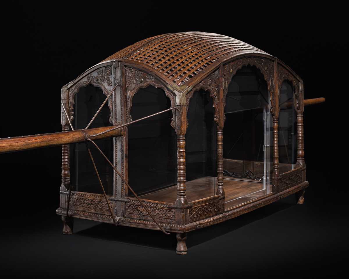 Lot 100 - A LARGE AND RARE HARDWOOD WEDDING PALANQUIN, SOUTHERN INDIA, 19TH CENTURY