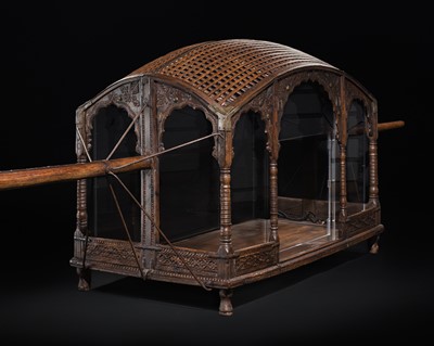 Lot 100 - A LARGE AND RARE HARDWOOD WEDDING PALANQUIN, SOUTHERN INDIA, 19TH CENTURY