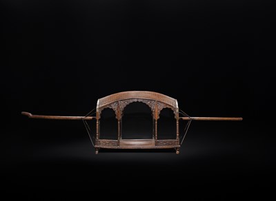 Lot 100 - A LARGE AND RARE HARDWOOD WEDDING PALANQUIN, SOUTHERN INDIA, 19TH CENTURY