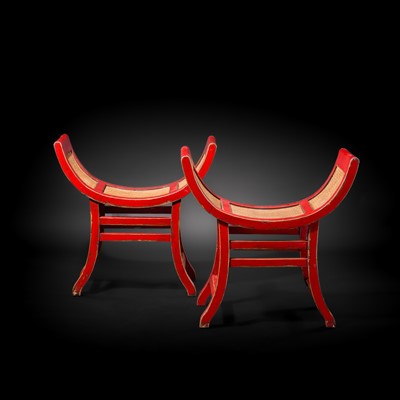 Lot 155 - A PAIR OF RED-LACQUERED WOOD AND RATTAN KARTINI STOOLS