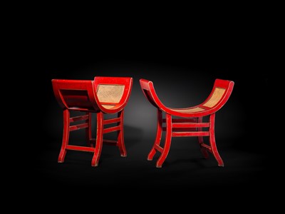 Lot 155 - A PAIR OF RED-LACQUERED WOOD AND RATTAN KARTINI STOOLS