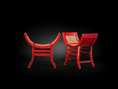 Lot 155 - A PAIR OF RED-LACQUERED WOOD AND RATTAN KARTINI STOOLS