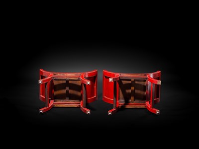 Lot 155 - A PAIR OF RED-LACQUERED WOOD AND RATTAN KARTINI STOOLS