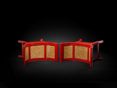 Lot 155 - A PAIR OF RED-LACQUERED WOOD AND RATTAN KARTINI STOOLS