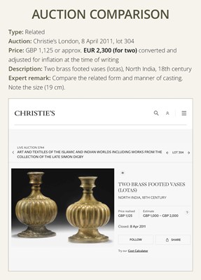 Lot 184 - A BRASS WATER CONTAINER, LOTA, DECCAN, 18TH-19TH CENTURY