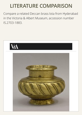 Lot 184 - A BRASS WATER CONTAINER, LOTA, DECCAN, 18TH-19TH CENTURY