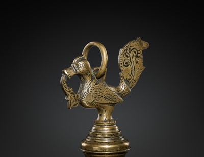Lot 186 - A BRASS ‘PEACOCK’ OIL LAMP, KEDA VILAKKU, KERALA, 19TH-EARLY 20TH CENTURY