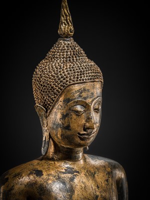 Lot 30 - A VERY LARGE (117 CM HIGH) AND IMPRESSIVE GILT-BRONZE FIGURE OF BUDDHA, LATE AYUTTHAYA TO EARLY RATTANAKOSIN PERIOD