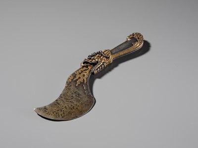 Lot 1 - A RARE PARCEL-GILT AND SILVERED IRON RITUAL KNIFE, DRIGUD, TIBET, 14TH CENTURY