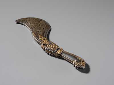 Lot 1 - A RARE PARCEL-GILT AND SILVERED IRON RITUAL KNIFE, DRIGUD, TIBET, 14TH CENTURY