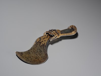 Lot 1 - A RARE PARCEL-GILT AND SILVERED IRON RITUAL KNIFE, DRIGUD, TIBET, 14TH CENTURY