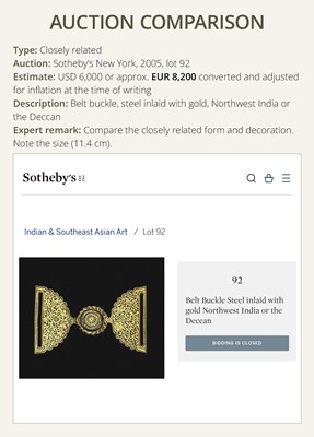 Lot 195 - A ‘KOFTGARI’ GOLD-DAMASCENED STEEL BELT BUCKLE, NORTHWEST INDIA OR DECCAN, 18TH CENTURY