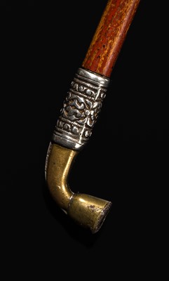 Lot 132 - A JADE, BRASS, AND SILVER-MOUNTED LACQUERED WOOD TOBACCO PIPE WITH BROCADE POUCH, 19TH-20TH CENTURY