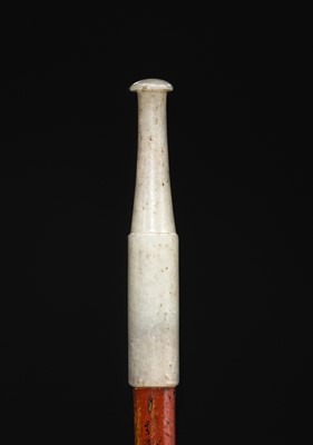 Lot 132 - A JADE, BRASS, AND SILVER-MOUNTED LACQUERED WOOD TOBACCO PIPE WITH BROCADE POUCH, 19TH-20TH CENTURY