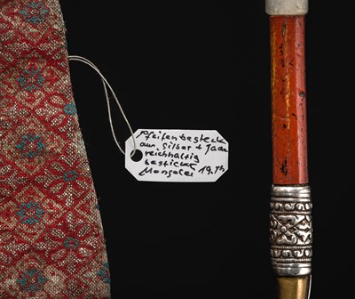 Lot 132 - A JADE, BRASS, AND SILVER-MOUNTED LACQUERED WOOD TOBACCO PIPE WITH BROCADE POUCH, 19TH-20TH CENTURY