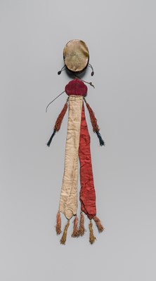 Lot 18 - A STAINED BONE RITUAL DRUM WITH SILK TASSELS, DAMARU