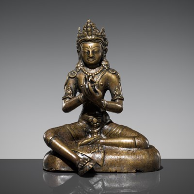 Lot 85 - A COPPER-ALLOY FIGURE OF DHARMACHAKRA MANJUSHRI, 19TH CENTURY OR EARLIER