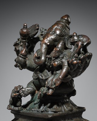 Lot 74 - A BRONZE GROUP OF GANESHA AND SHAKTI, VIJAYANAGAR EMPIRE, 16TH CENTURY