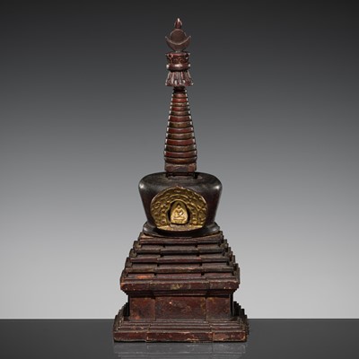 Lot 249 - A GILT AND POLYCHROMED WOOD STUPA, TIBET, 17TH – 18TH CENTURY