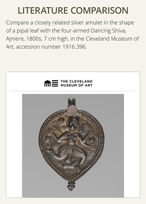 Lot 108 - A SILVER REPOUSSÉ AMULET IN THE SHAPE OF A PIPAL LEAF DEPICTING THE DANCING SHIVA BHAIRAVA, AJMER, 19TH CENTURY