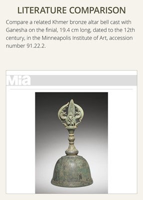 Lot 144 - A BRONZE ‘GANESHA’ ALTAR BELL, ANGKOR PERIOD, 12TH-13TH CENTURY