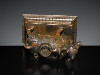 Lot 181 - A BRONZE FIGURE OF NANDI, SOUTH INDIA, 19TH CENTURY