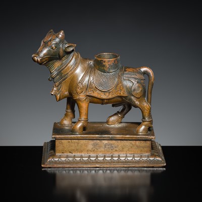 Lot 181 - A BRONZE FIGURE OF NANDI, SOUTH INDIA, 19TH CENTURY