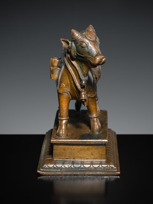 Lot 181 - A BRONZE FIGURE OF NANDI, SOUTH INDIA, 19TH CENTURY