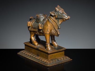 Lot 181 - A BRONZE FIGURE OF NANDI, SOUTH INDIA, 19TH CENTURY