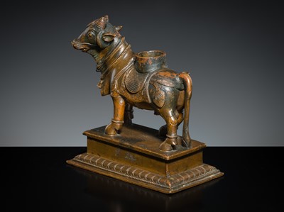 Lot 181 - A BRONZE FIGURE OF NANDI, SOUTH INDIA, 19TH CENTURY