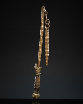 Lot 252 - A BAMBOO-FORM BRONZE FLAIL, LATER QING DYNASTY TO REPUBLIC PERIOD